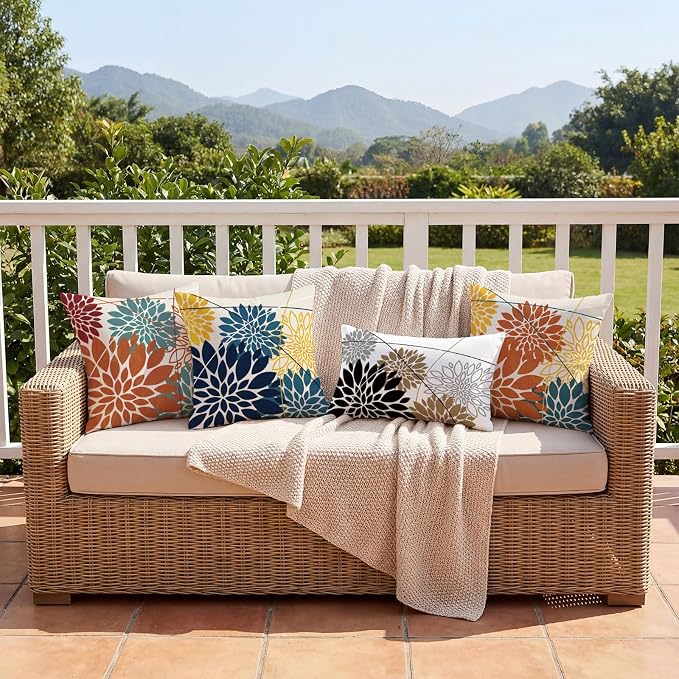 OTOSTAR Outdoor Orange Cyan Pillow Covers 18x18 Inch Set of 2 Red Flower Throw Pillows Farmhouse Geometric Dahlia Floral Square Cushion Case Waterproof Decor for Sofa Patio Funiture Garden