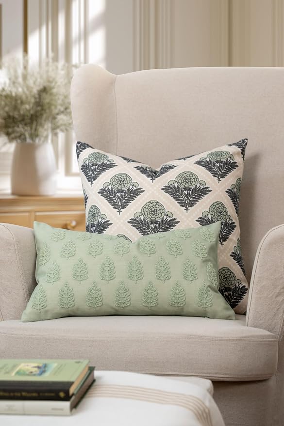 Crumbs Home Modern Farmhouse California Casual Indoor Outdoor Throw Pillow Cover, 20"x20" Water Repellent for Patio, Backyard, Couch, Earth Tone Light Green Tan Block Print Vintage Hydrangea Flowers