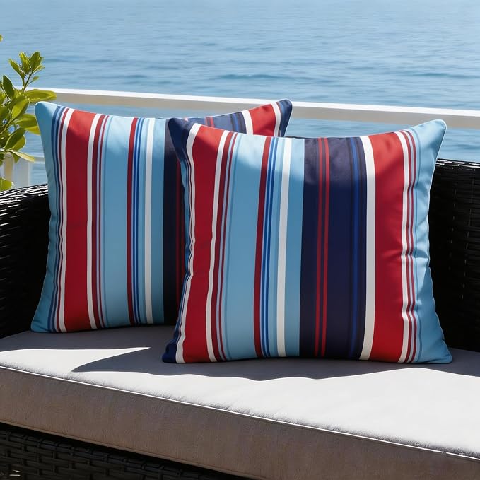 Pyonic 4th of July Outdoor Pillow Covers 18x18 inch Waterproof Red Blue White Striped Outdoor Pillows for Patio Furniture Garden