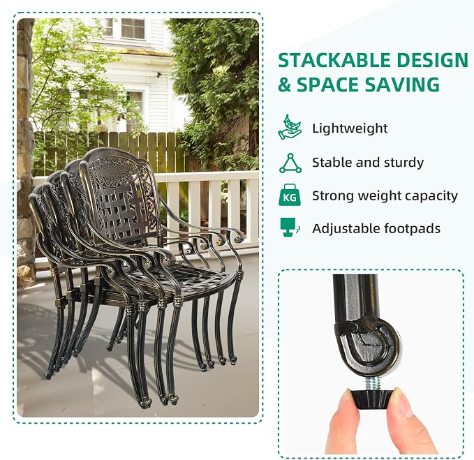 VIVIJASON 9-Piece Outdoor Dining Set, Cast Aluminum Retro Patio Furniture Table and Chairs Set for 8, Include Large 64" Square Dining Table and 8 Chairs with Umbrella Hole for Balcony Garden
