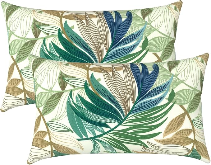 LVTLVTXIII 12×20 Inch Outdoor Lumbar Pillows, Pack of 2 Water Repellent Lumbar Pillow with Inserts, Fluffy Decorative Garden Lumbar Cushions for Home Patio Coach Sofa Use, Lush Leaf Green