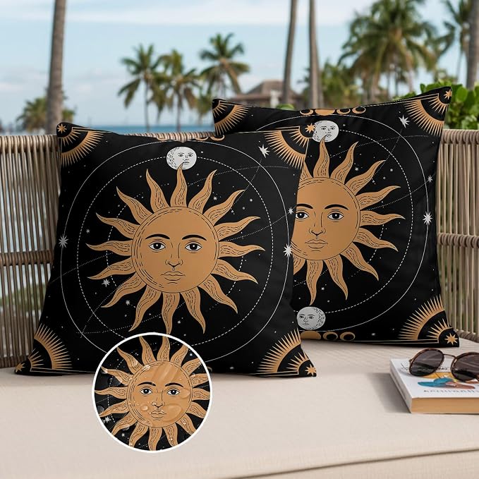 Celestial Sun and Moon Waterproof Outdoor Pillow Covers Set of 2 Home Decor, Black Sky Gold Star Boho Pillowcase Patio Pillow Covers for Couch Bench Patio Furniture Garden 24x24in
