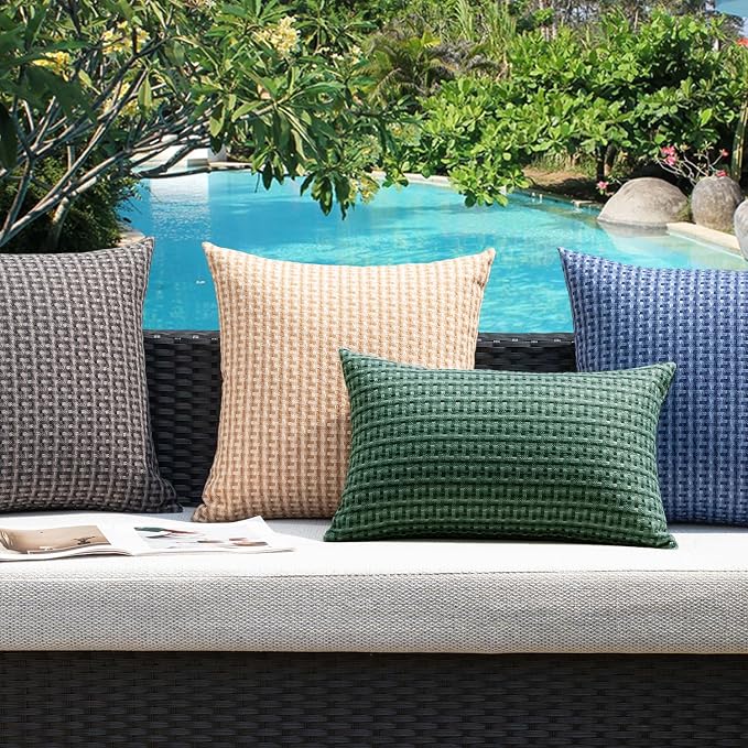 Kevin Textile Outdoor Waterproof 12"x20" Pillow Covers 2 Pack, Dark Green | Water Resistant Weaving Faux Linen Texture Throw Pillow Covers, Outside Decorative Pillowcases for Garden Patio Balcony Couch