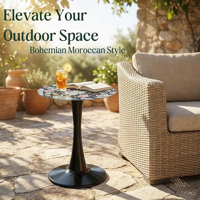 13.4" Outdoor Side Table, Round Patio Bistro Table Printed Tempered Glass Top, Waterproof Rust-Proof Base, Small Plant Stand for Balcony, Garden, Deck, 21.6" H (Morris Green)