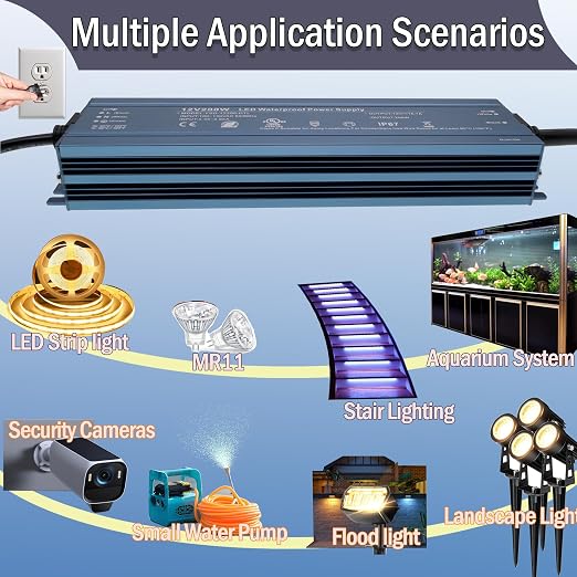 12V 200W UL Listed LED Power Supplywith 3.28ft US Standard Plug Ca | Waterproof IP67 Low Voltage Transformer, 100V-130V AC to 12V DC Converter for DC12V LED Lighting Products