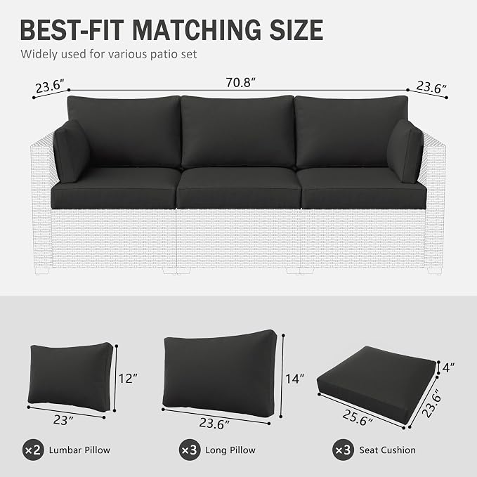 Outdoor Furniture Replacement Cushions, Waterproof Patio Furniture Cushions, 4" Deep Seat Outdoor Sectional Cushion for 3-Seat Outdoors Rattan Sofa Patio Sofa Cushion, Black