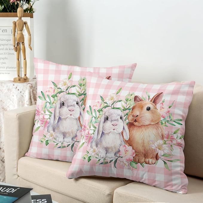 Spring Easter Pillow Covers 20x20 Pack of 2 Lovely Rabbit with Lily Flower Throw Pillow Covers Pink Plaid Bunny Pillow Case for Spring Easter Decoration Sofa Patio Garden