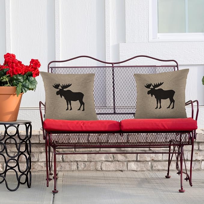 Swono Moose Decorative Throw Pillows Covers, Wild Animal Moose Elk Burlap Cabin Square Pillow Cushion Covers for Man Woman, Pillowcases Decor for Home Sofa Bed Garden, 2 Packs, 18x18 Inch, Brown
