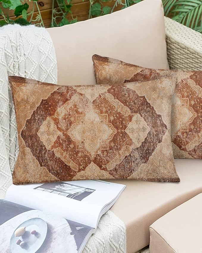 Prime Leader Outdoor Waterproof Pillow Covers Set of 2, Meddle Century Vintage Brown Mural Pattern Patio Throw Pillow Covers, Decorative Cushion Case for Couch Sofa Furniture Garden, 20x12 Inch