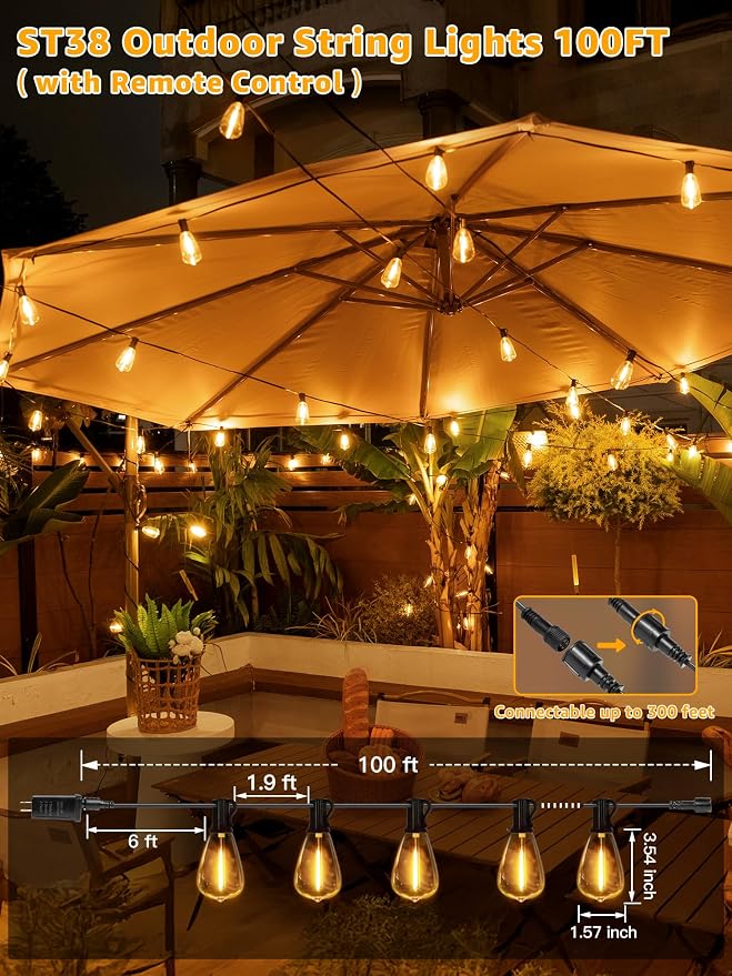 Guhope Outdoor String Lights Dimmable with Remote, 100 FT Outdoor Lights with 2 Timer and 3 Mode, Waterproof & Shatterproof Patio Lights, 2200K Energy Saving String Lights 3 Spare Bulbs for Patio Yard
