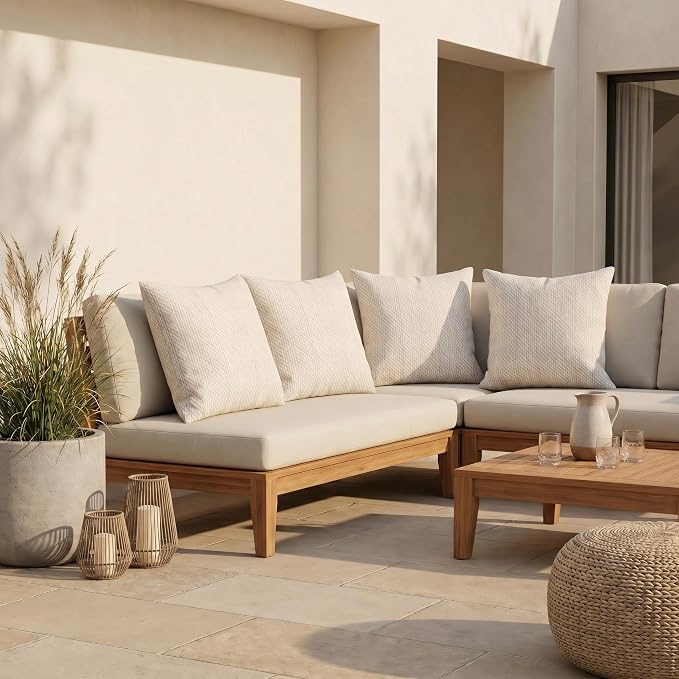 RSH DECOR: Sunbrella Square Throw Pillows Set of 4 | 20" x 20" | Water and Fade-Resistant Fabric | Outdoor Pillow Covers with Down-Alternative Inserts | Made in USA (Cozy Quilt Bright White)