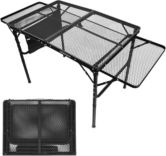 Folding Grill Table with Extension Boards | Portable Camping Table for Beach, BBQ, RV & Tailgating | Heavy Duty Metal Foldable Outdoor Prep Table | Supports 88 lbs, Mesh Design USA