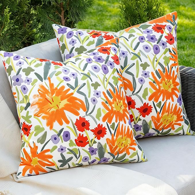Adabana Outdoor Waterproof Floral Pillow Covers 18x18 Inch | Colorful Outdoor Pillow Covers Summer Decirative for Patio Furniture Porch Garden Pillows
