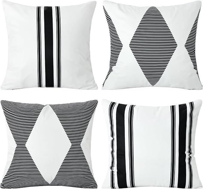 4 Pack Outdoor Waterproof Throw Pillow Covers 18x18 Inch | Black and White Stripe Geometric Decorative Throw Pillow Cover, Modern Outdoor Cushion Cases for Patio Garden Porch Sofa