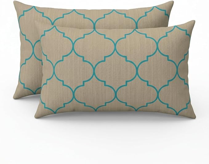 RSH DECOR: Sunbrella Lumbar Throw Pillows Set of 2 | 20" x 12" | Water and Fade-Resistant Performance Fabric | Outdoor Pillow Covers with Down-Alternative Inserts | Made in USA (Trellis Geo II Mist)