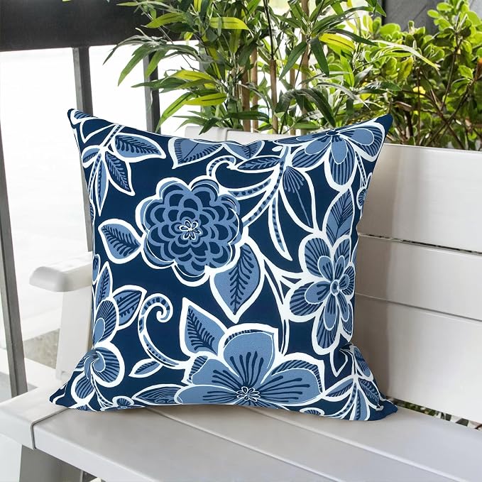 LVTXIII Outdoor Throw Pillows, Decorative Throw Pillows with Inserts, 20"x20" Square Pillows for Bed, Couch, Sofa and Patio Furniture, Set of 2, Flower Navy
