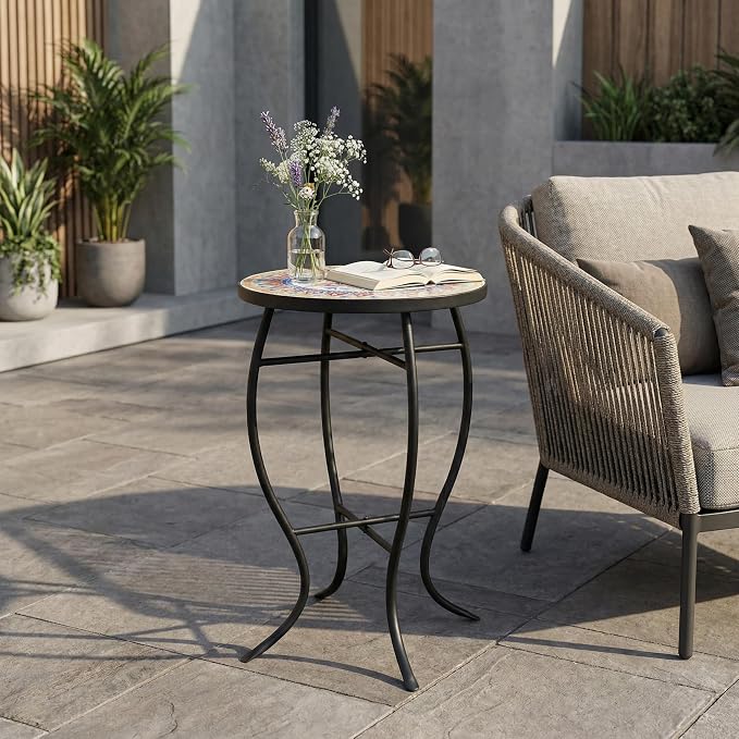 Colorful Floral Mosaic Tile Round Side Table, Boho Patio End Table with Curved Black Wrought Iron Legs, Weather Resistant Accent Table for Balcony Backyard Porch Living Room