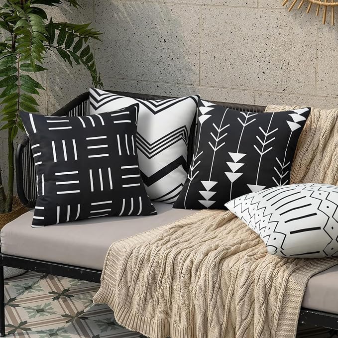 Pyonic Black and White Outdoor Pillow Covers 18x18 Inch for Patio Furniture | Set of 4 ,Waterproof,Boho Geometric Striped, Outside Patio Pillows, For Porch Garden