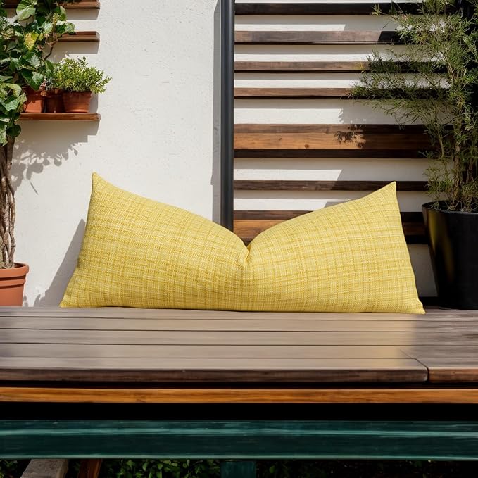 Kevin Textile Outdoor Waterproof 14"x36" Lumbar Pillow Cover 1 Pack Yellow | Water Resistant, Faux Linen Yarn-dyed, Woven Texture Throw Pillow Covers for Tent Patio Garden Couch Sofa