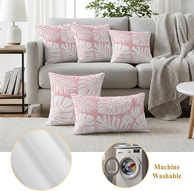 Pink Palm Leaves Outdoor Pillow Covers 16"x16" Set of 2, Tropical Botanical Modern Minimalist Waterproof Throw Pillow Covers for Patio Furniture, Decorative Cushion Covers for Porch