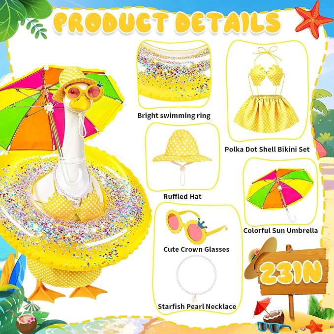 Hawaiian Porch Goose Outfits, 23 Inch Bikini Lawn Goose Summer Outfit with Swimsuit Float Ring Sunglasses Pearl Necklace Umbrella, Yellow Polka Dot Goose Clothes for Outdoor Garden