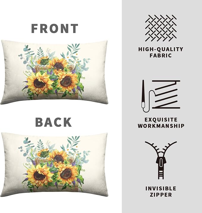 Sunflower Lumbar Pillow Covers Set of 2 Spring Summer Floral Rectangle Throw Pillow Covers 12x20 Flower Decorative Waist Pillowcase for Farmhouse Couch Outdoor