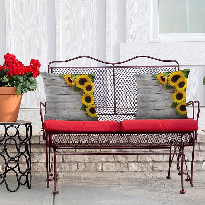 Swono Decorative Square Pillow Covers 18x18 Inch Sunflowers, Blossom Sunflowers Retro Wooden Polyester Pillow Case Set of 2, Soft Cushion Cover Pillowcases for Home Bedroom Couch Sofa Armchair