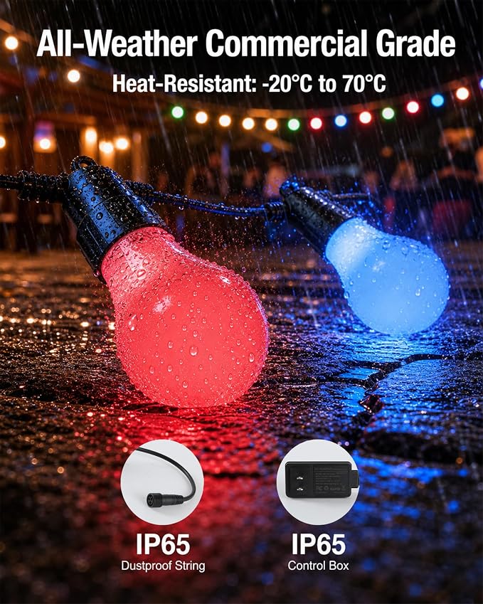 27FT RGBW Outdoor String Lights Shatterproof Dimmable Patio | IP65 Waterproof, 200+ Dynamic Modes, Music Sync, App & Remote Control, Zip Ties Included, -4°F to 158°F Weatherproof