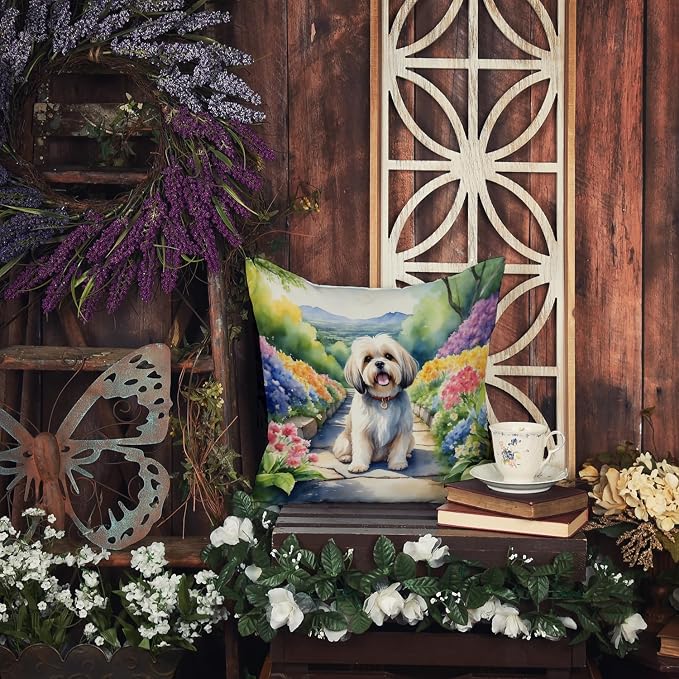 Caroline's Treasures Lhasa Apso Spring Path Throw Pillow Machine Washable, Indoor Outdoor Decorative Pillow for Couch, Bed or Patio, 14Hx14W