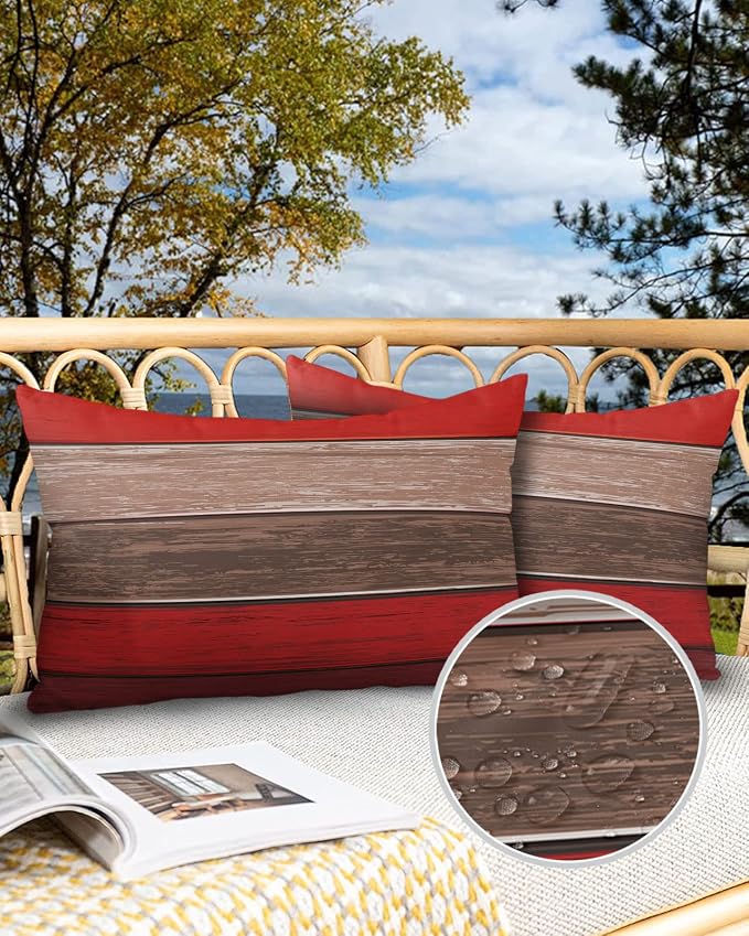 Outdoor Throw Pillow Covers 12X20 Set of 2 Waterproof Ombre Christmas Red Brown Decorative Zippered Cushion Covers for Patio Furniture, Farmhouse Retro Rustic Barn Wood Texture Lumbar Pillowcases