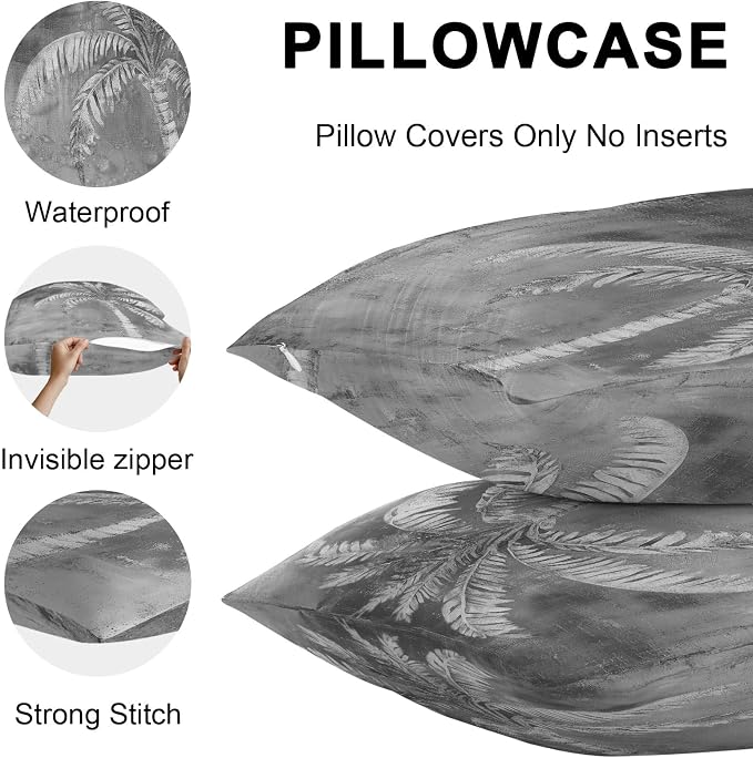 Coastal Beach Tree Grey Outdoor Waterproof Pillow Covers, Vintage Summer Palm Tree Decorative Square Throw Pillowcase, Tropical Botanical Sofa Cushion Sham for Patio/Couch/Chair, 26"x26" 2 Pack