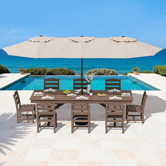 SERWALL 9 Piece Outdoor Dining Set, 84" HDPE Outdoor Table and Armless Chairs Set for 8，All Weather Patio Furniture Set with Umbrella Hole for Backyard, Garden, Brown