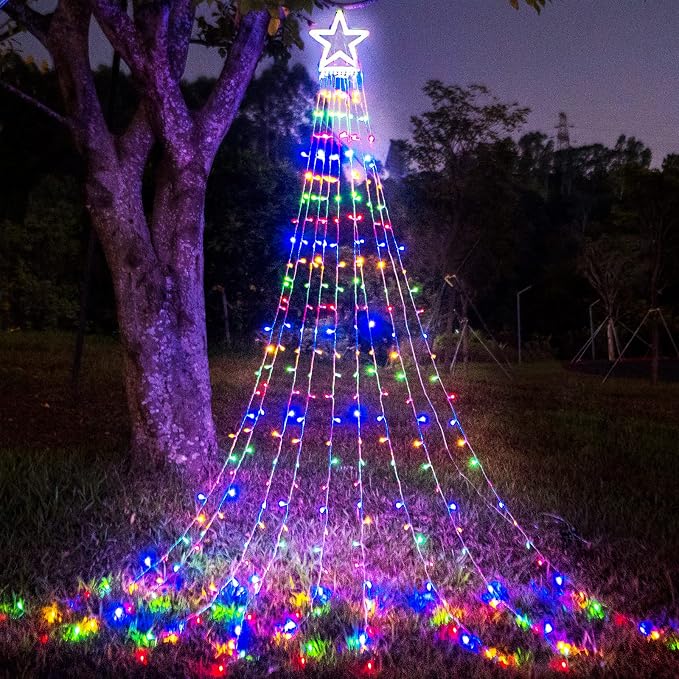 (New) Christmas Lights, Outdoor Christmas Decorations, 320 LED Waterfall String Lights, 8 Light Modes Chrsitmas Lights with 12" Star Tree Topper for Yard, Party, New Year (Multicolor)