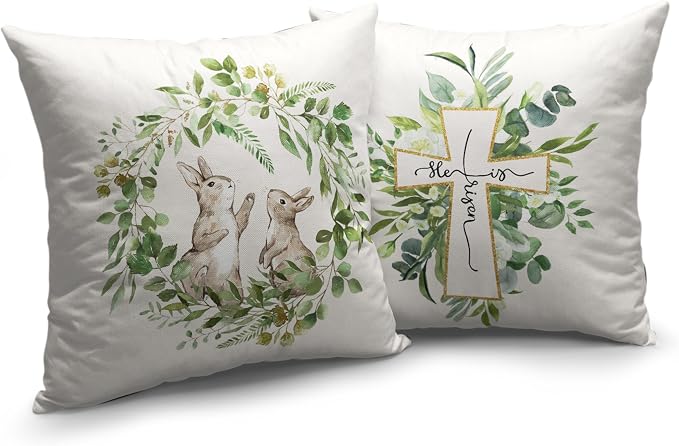 Spring Green Wreath Garland Throw Pillow Covers Easter Bunny Rabbit Pillow Case 20x20 He is Risen Cross Cushion Case for Living Room Home Decor Outdoor Car Set of 2