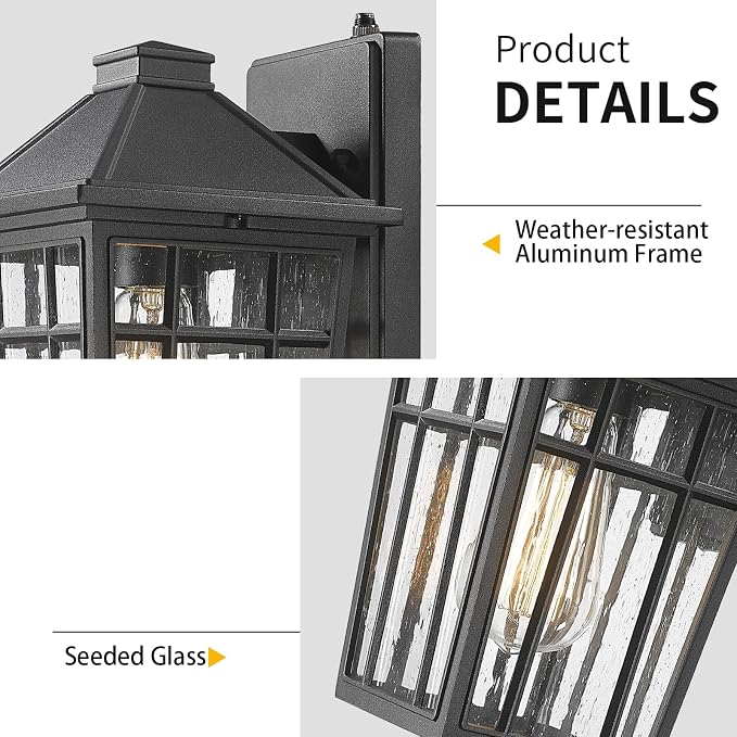 Darkaway Dusk to Dawn 14inch Outdoor Wall Lights E26 Socket | Exterior Lighting Wall Mount Porch Lights Black Outdoor Sconce Lights with Seeded Glass for House Patio Hallway Garage