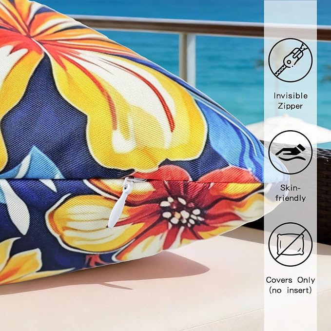 Outdoor Pillow Covers 12x20 Inch Set of 2, Tropical Floral Plants Modern Throw Pillows Cases, Spring Waterproof Square Garden Cushion Sham for Patio Funiture Tent Balcony Bench Sofa, Blue