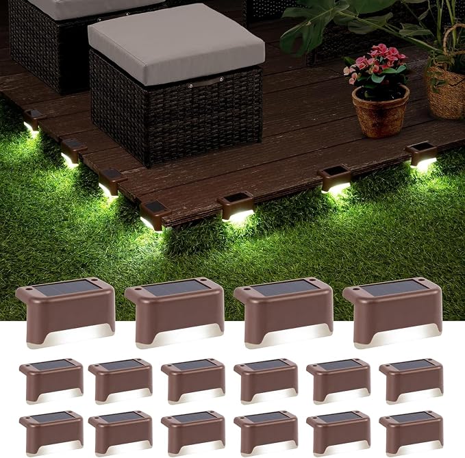 GIGALUMI Solar Deck Lights Outdoor, 16 Pack Waterproof LED Solar Lights for Stairs, Step, Fence, Railing, Yard and Patio (Cool White) | Solar LED Lights for Outdoor Stairs, Step, Fence, Railing, Yard and Patio