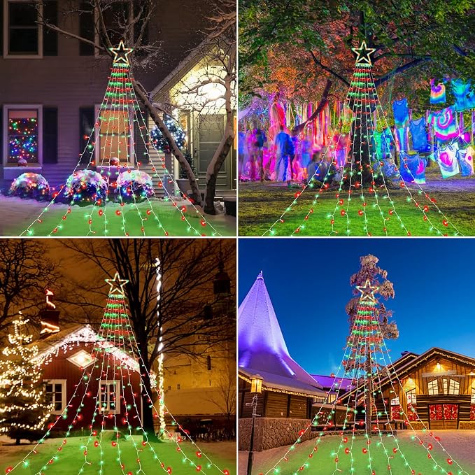 Christmas Lights Outdoor, 320 LED 8 Light Modes Outdoor Christmas Decorations, Plug-in Waterproof Christmas String Lights for Yard, Garden, Party, Holiday, Xmas Decor - Red & Green
