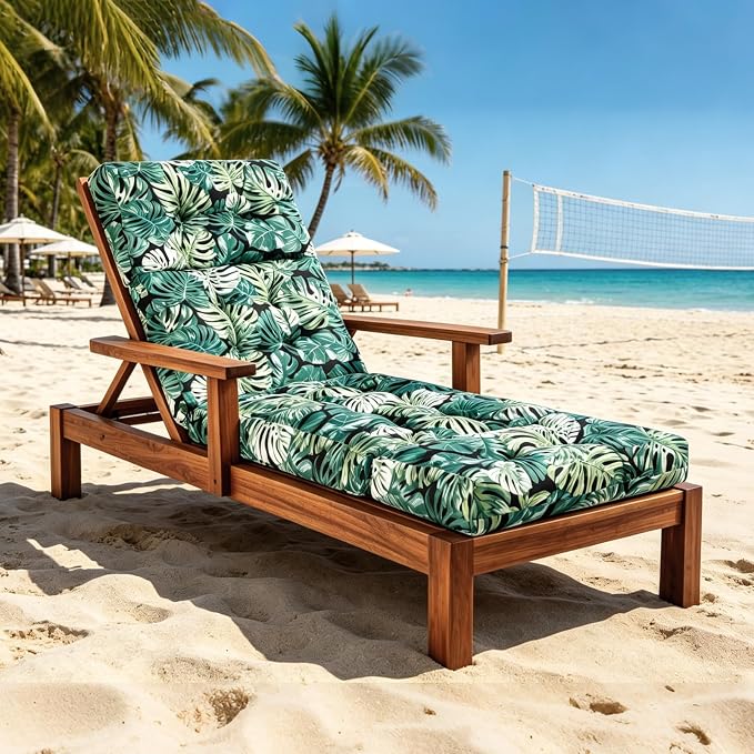 Patio Chaise Lounge Cushions, 70.5"x21"x4" Waterproof Replacement Beach Pool Lawn Outdoor Lounge Chair Cushion, Non-Slip Bottom & Secure Ties for Outdoor Furniture，Monstera, 1Count