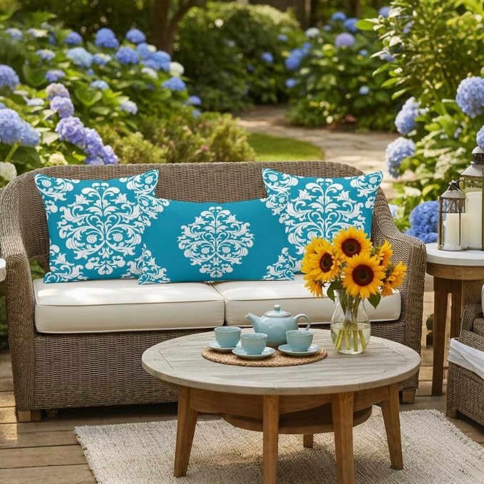 Outdoor Waterproof Pillow Covers for Patio Vintage Floral Teal Decorative Throw Pillow Cover Rustic Pillowcases Set of 2 Cushion Case for Sofa Couch Chair 12x20 Inch