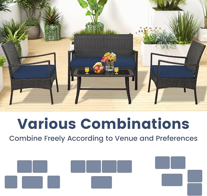 HAPPYGRILL 4-Piece Rattan Patio Conversation Set with Tempered Glass Coffee Table, Comfortable Wicker Loveseat & Chairs for Poolside, Courtyard, Balcony