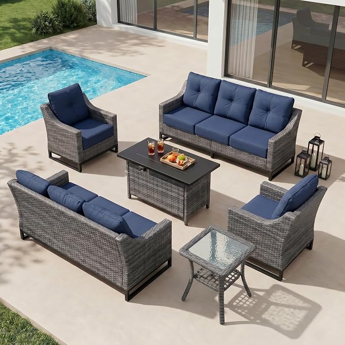 5-Piece Patio Furniture Set, Rattan Wicker Patio Set with Two Outdoor Chairs and Table, Wicker Rattan Outdoor Sofa Set with with Comfy Cushions for for Porch, Garden Poolside Balcon