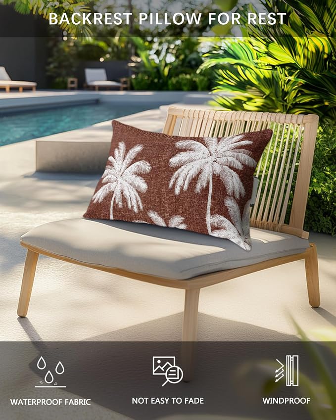 Pack of 4 Outdoor Lumbar Pillow Covers 11x16 Inch, Brown Palm Trees Waterproof Throw Pillow Covers Set, Farmhouse Tropical Summer Beach Indoor&Outdoor Decorative Cushion Cases for Patio Porch Car
