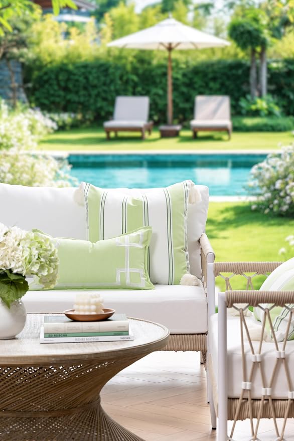 Hofdeco Premium Coastal Hampton Outdoor Performance Lumbar Pillow Cover Only, 12"x20" Water Repellent, UV and Fade Resistant for Backyard, Couch, Poolside, Grass Green Embroidered Frame Greek Key