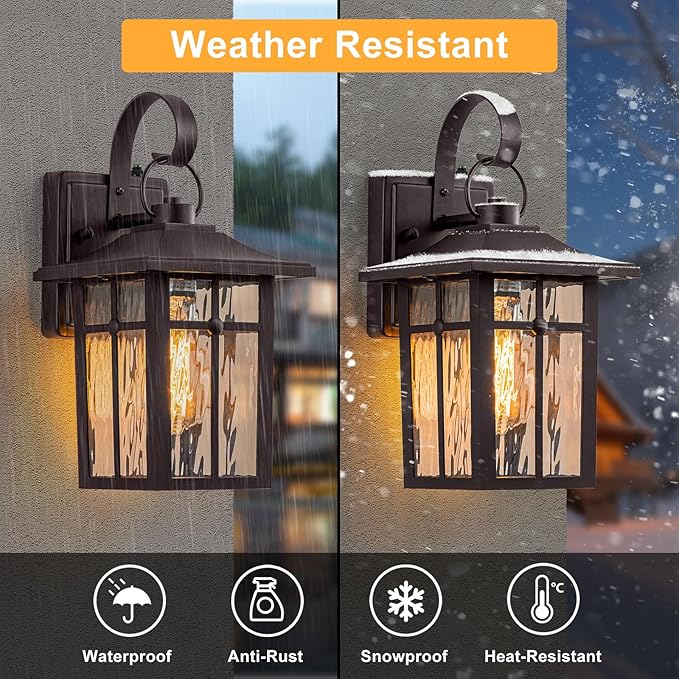 2 Pack Dusk to Dawn Outdoor Wall Lights, Bronze Porch Lanterns | Aluminum Garage Light, Ripple Glass, Weather Resistant, For Garage Patio Entryway