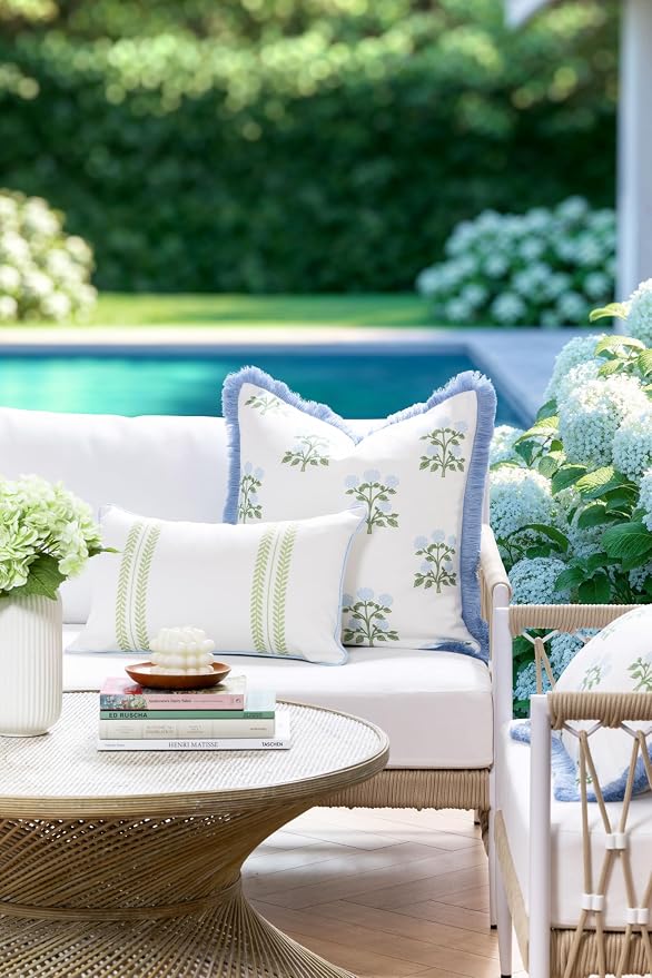 Hofdeco Premium Grandmillennial Coastal Hampton Patio Indoor Outdoor Lumbar Pillow Cover Only, 12"x20" Water Repellent for Backyard, Couch, Poolside, Grass Green Baby Blue Print Leaf Striped