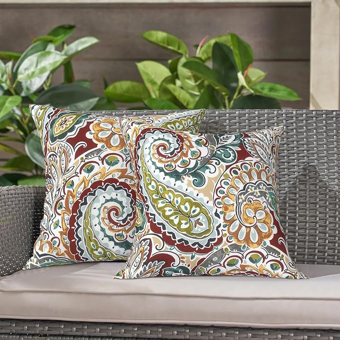 LVTXIII Outdoor Throw Pillows 16x16 Inch, Set of 2 Square Decorative Pillows with Inserts for Patio Furniture, Porch Chair, Garden Sofa, Vibrant Paisley