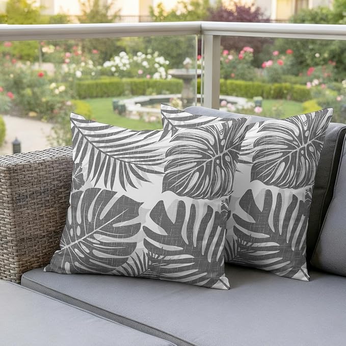 Grey Palm Leaves Outdoor Pillow Covers 26"x26" Set of 2, Tropical Botanical Minimalist Modern Waterproof Throw Pillow Covers for Patio Furniture, Decorative Cushion Covers for Porch
