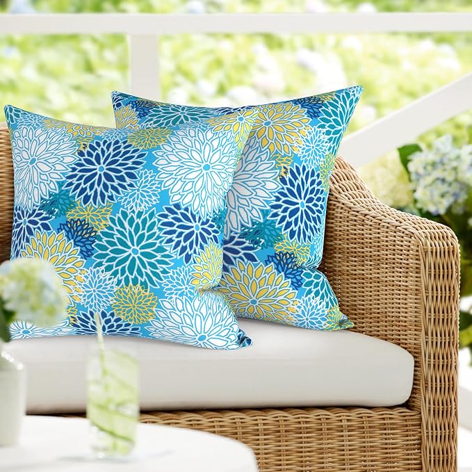 DYTXIII Pack of 2 Outdoor Waterproof Pillow Covers ONLY, 18"x18" Square Decorative Double Printed Throw Pillow Cases for Patio Couch Porch Furniture, Dahlia Blue