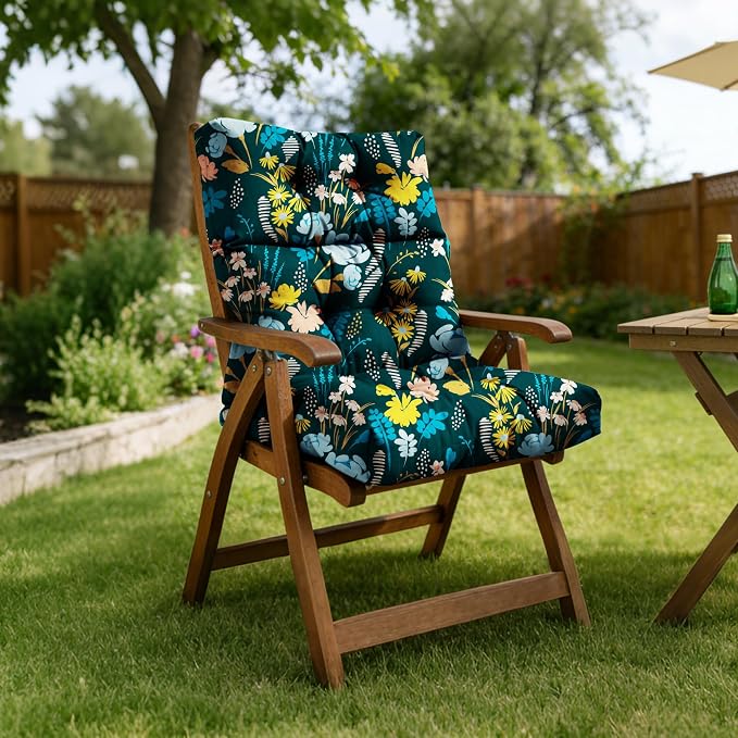 Tufted High Back Adirondack Chair Cushion 45"x21"x4",Floral | Patterned outdoor cushion with ties; premium padded design fits garden rocking chairs, multiple color options available